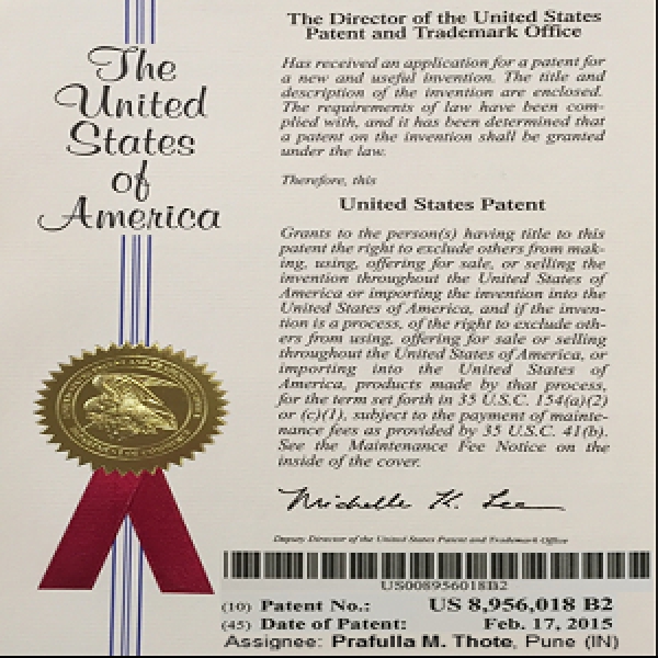 U.S. Patent Granted to Mr. Prafulla Thote, M.D. Samudra Electronic System Pvt. Ltd.